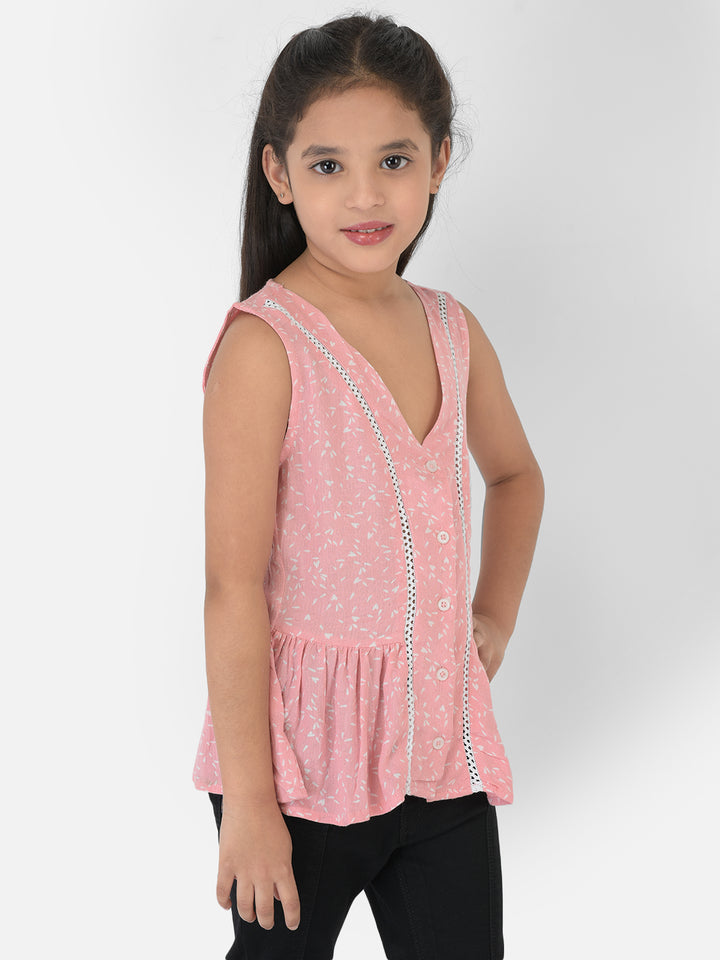 Pink Printed V-Neck Empire Top - Girls Tops