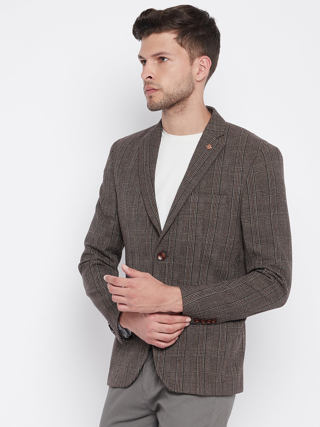 Brown Checked Notched Lapel Blazer - Men Blazers