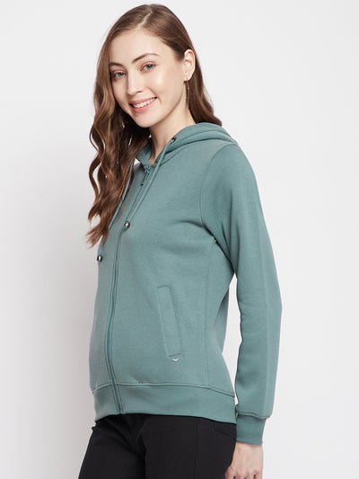 Crimsoune Club Women Green Solid Hooded Sweatshirt-Women Sweat Shirts-Crimsoune Club