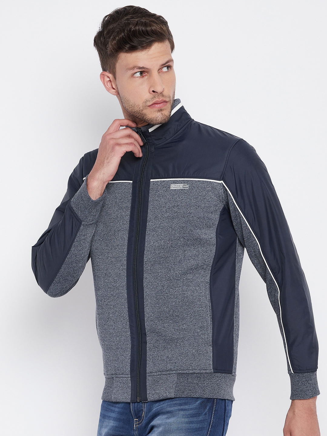 Blue Colourblocked Mock Neck Sweatshirt - Men Sweatshirts