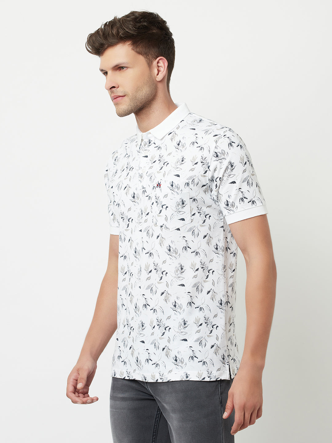 White Floral Printed Polo T-Shirt-Men T-Shirts-Crimsoune Club