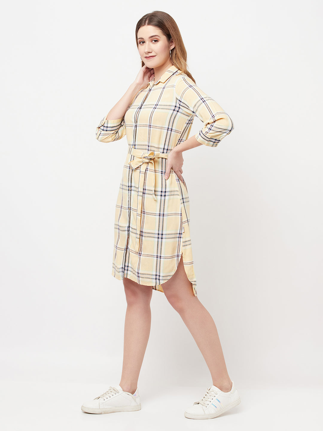 Beige Checked Shirt Dress - Women Dresses