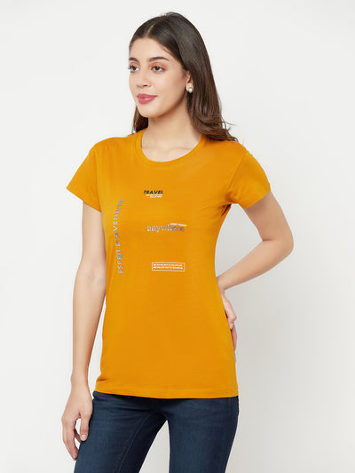 Mustard Printed Round Neck T-Shirt - Women T-Shirts