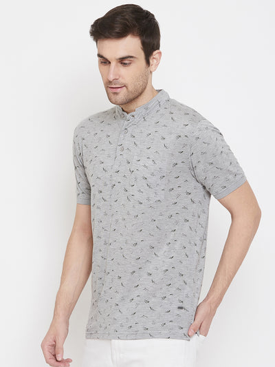 Grey Printed Mandarin Neck T-Shirt - Men T-Shirts