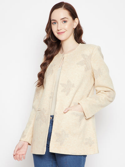 Beige Floral Round Neck Blazer-Women Blazer-Crimsoune Club