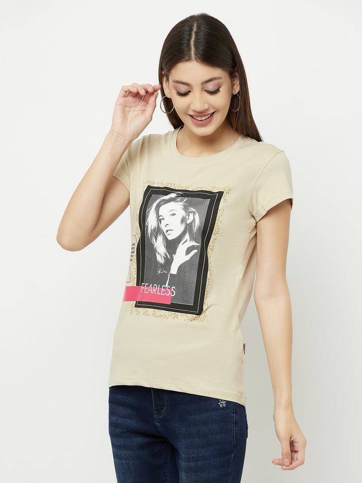 Beige Graphic Printed Round Neck T-Shirt - Women T-Shirts