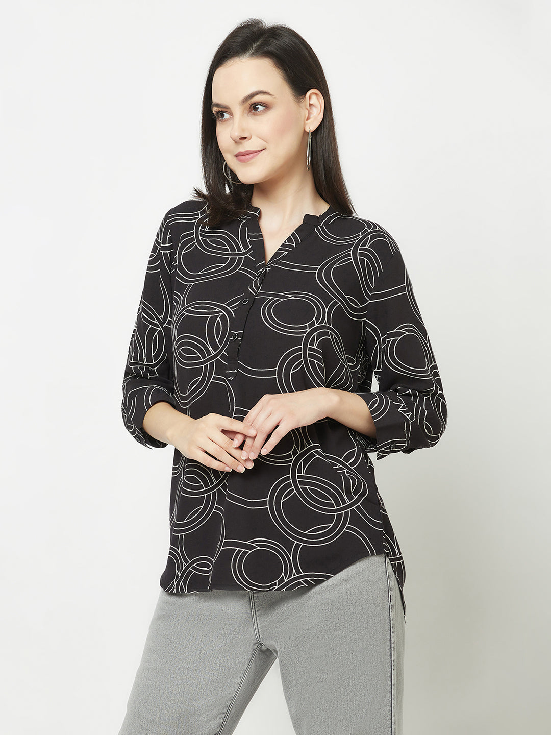 Black High-Low Geometric Print Top 