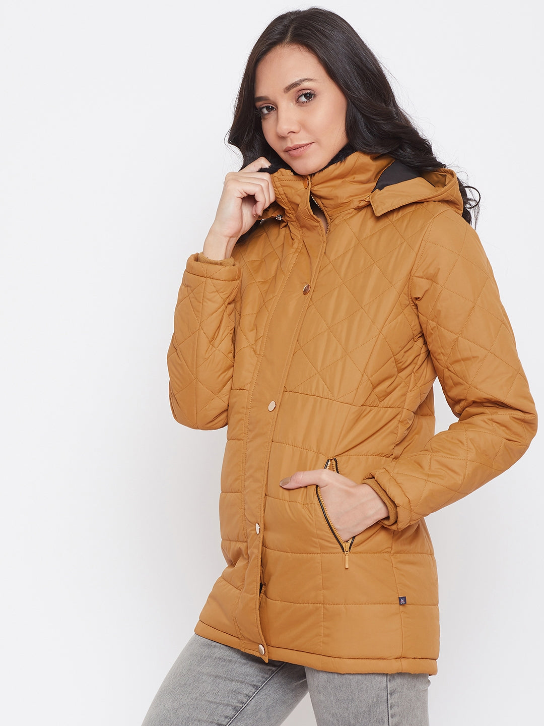 Mustard Solid Hooded Jackets-Women Jackets-Crimsoune Club