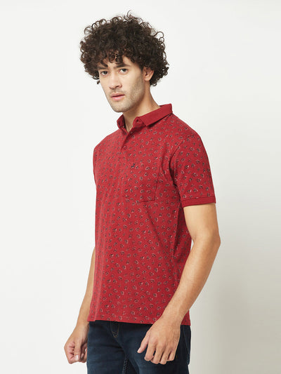  Maroon Floral Print Polo T-Shirt