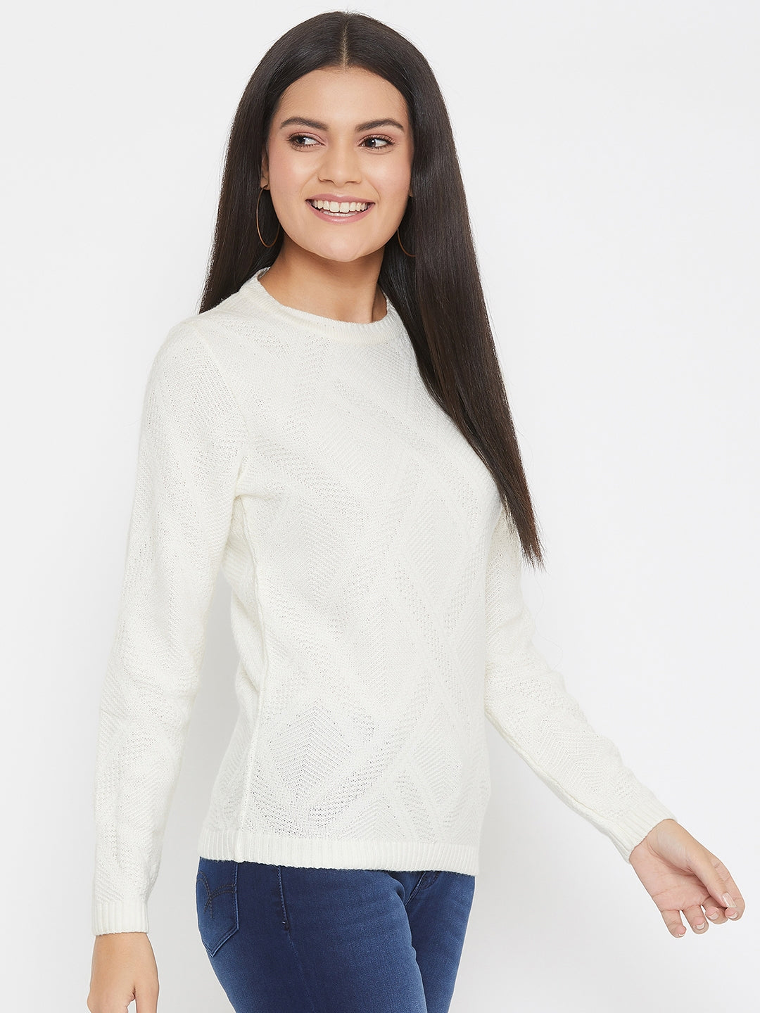 Off White Self Design Round Neck Sweater - Women Sweaters