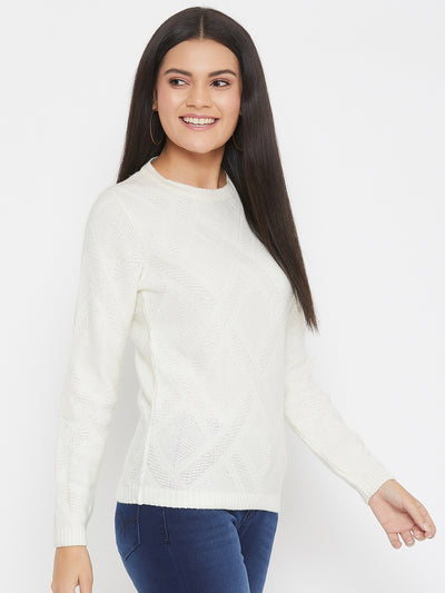 Off White Self Design Round Neck Sweater - Women Sweaters