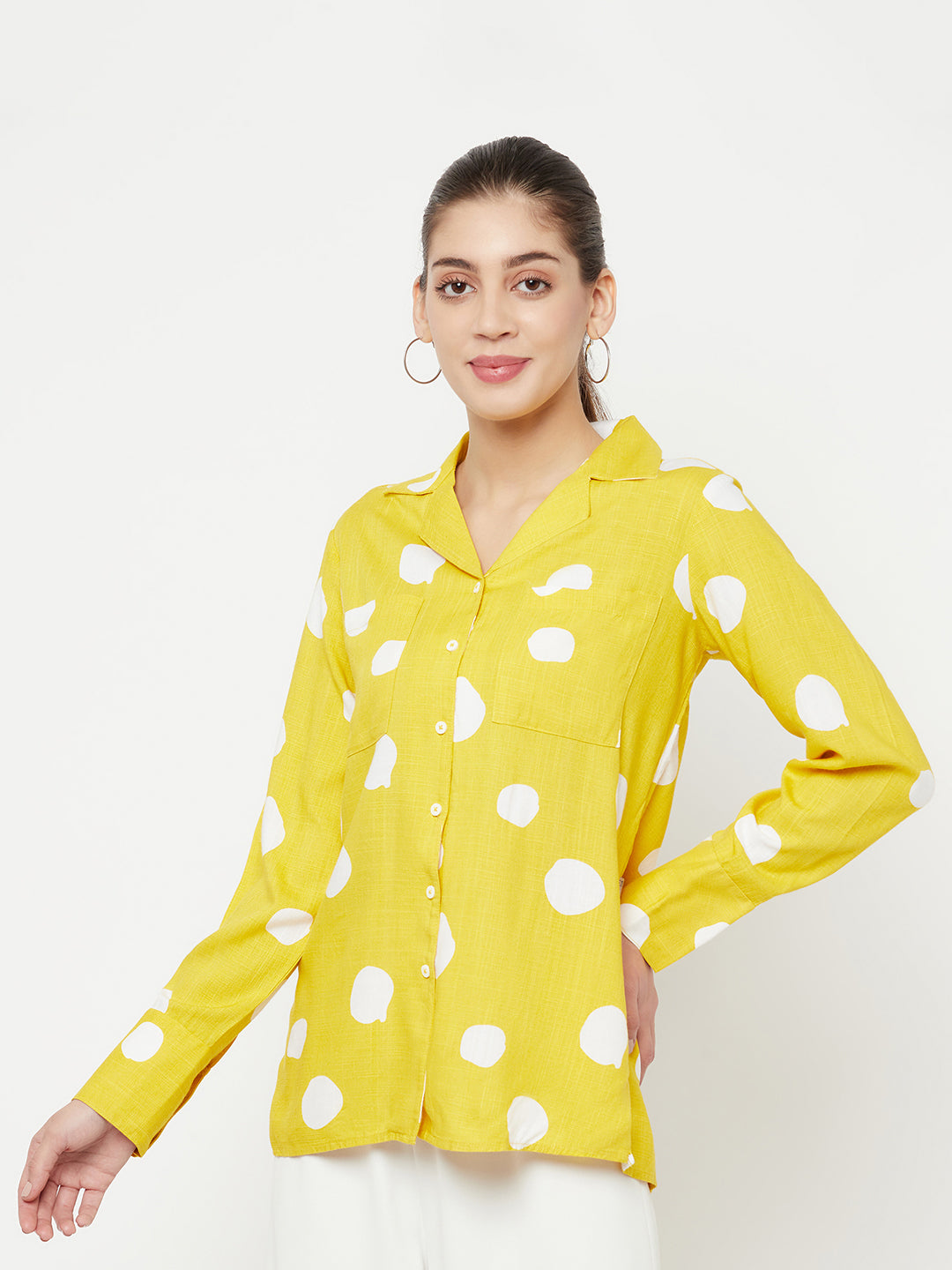 Yellow Polka Dot Printed Cuban Collar Shirt - Women Shirts