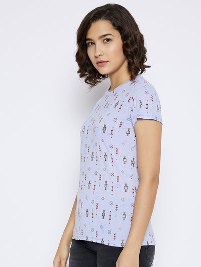 Blue Printed Round Neck T-shirt - Women T-Shirts