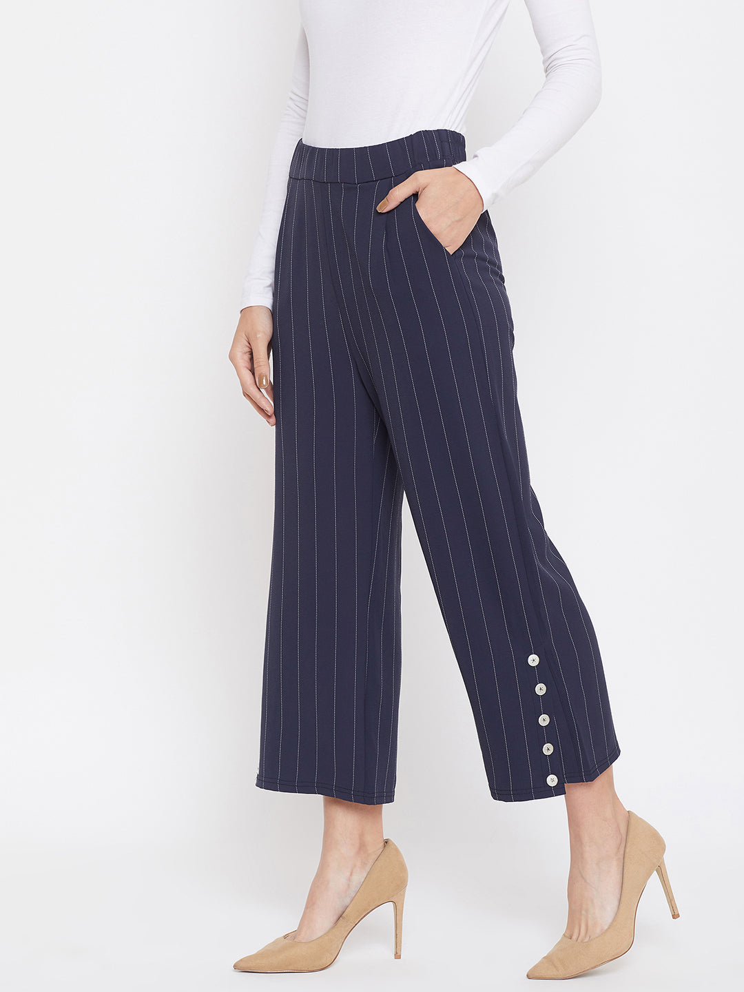 Navy Blue Striped Parallel Trousers - Women Trousers
