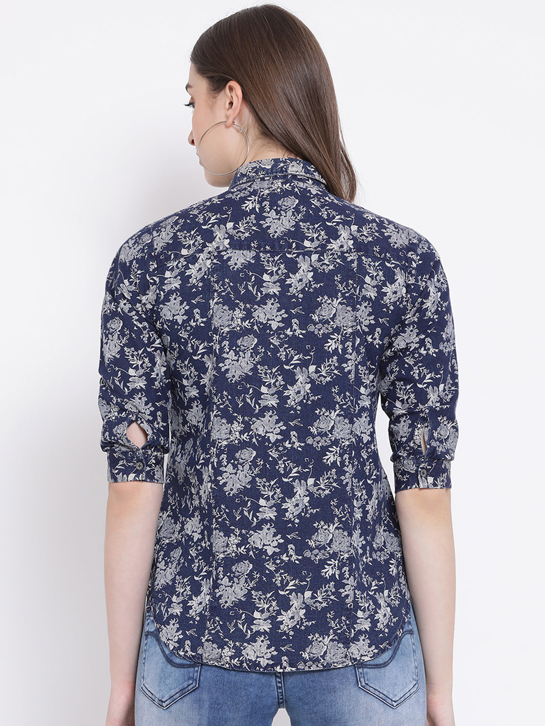 Blue Printed Spread Collar Slim Fit Shirt - Women Shirts