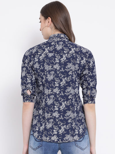 Blue Printed Spread Collar Slim Fit Shirt - Women Shirts