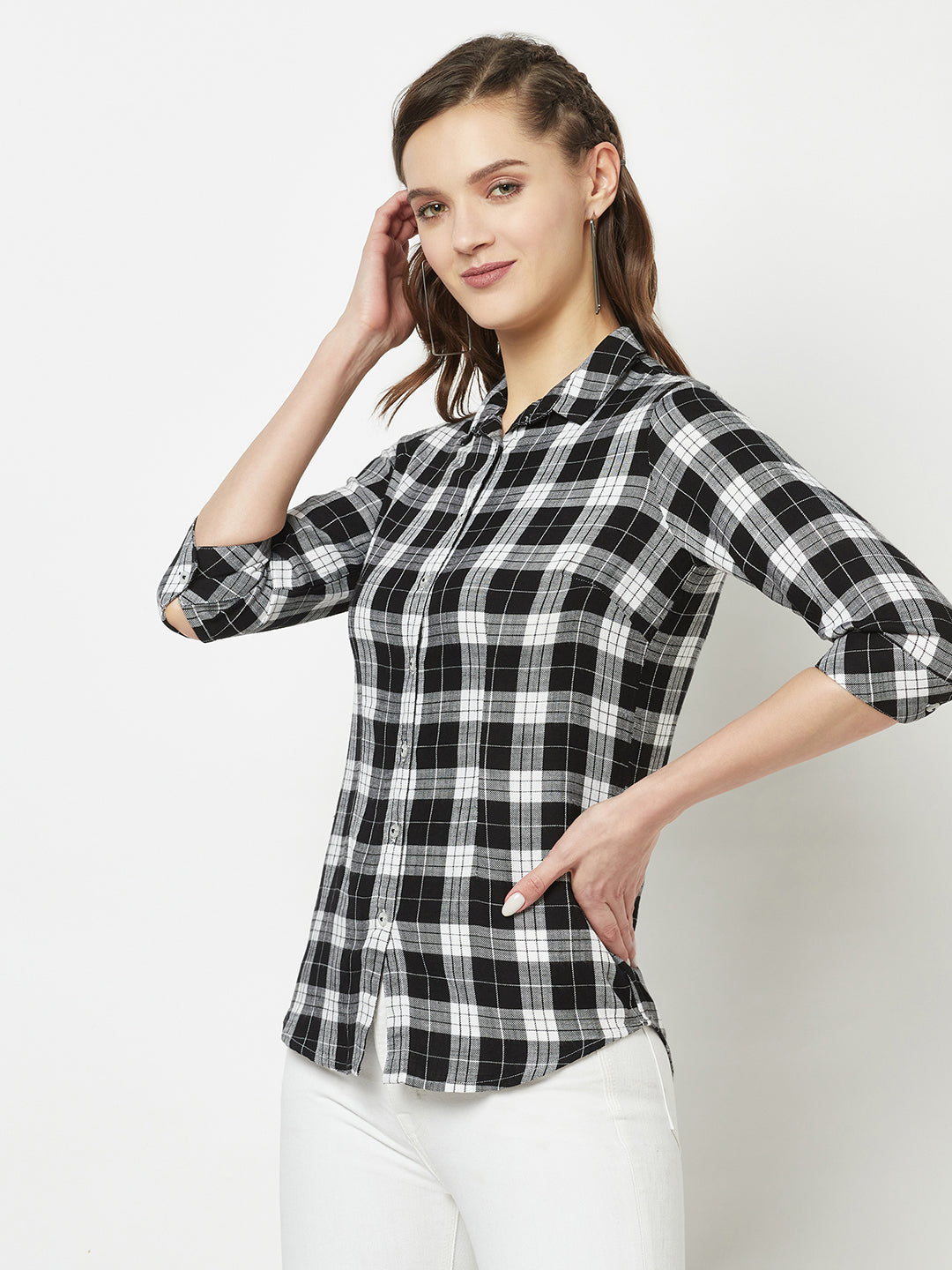 Quarter Sleeve Black Flannel Shirt-Women Shirts-Crimsoune Club