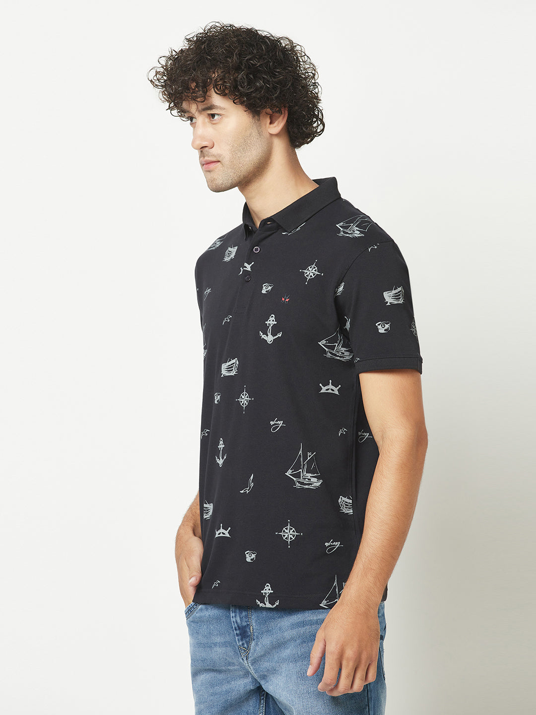  Navy Blue Graphic Polo T-Shirt