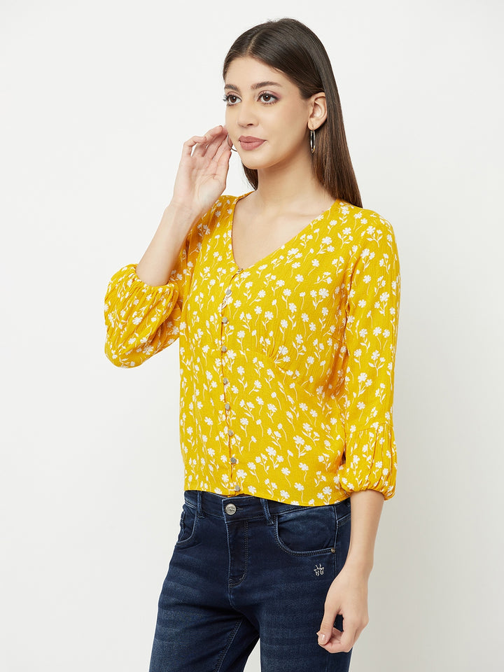 Yellow Floral Printed V-Neck Cropped Top - Women Tops