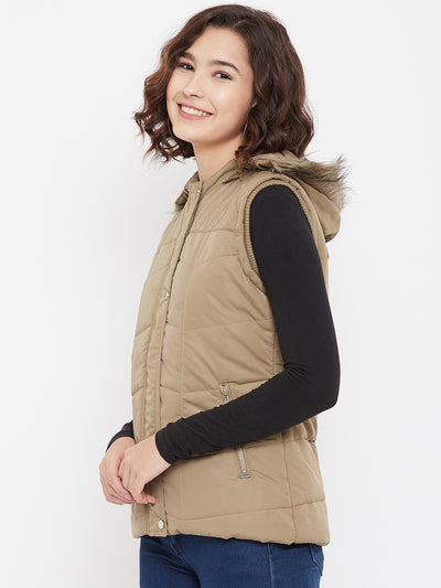 Beige Detachable Hood Jacket - Women Jackets