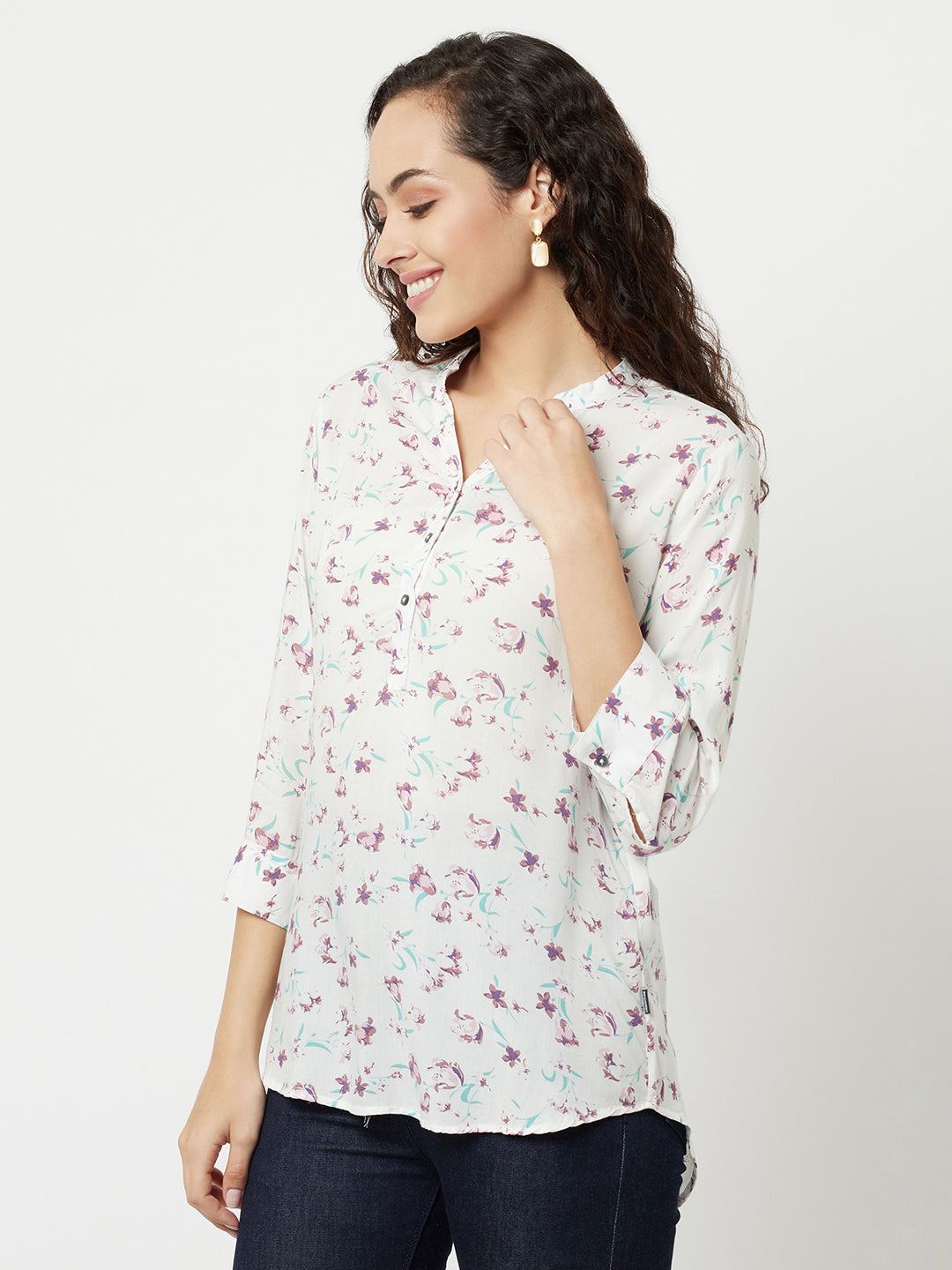 White Printed High-Low Top-Women Tops-Crimsoune Club