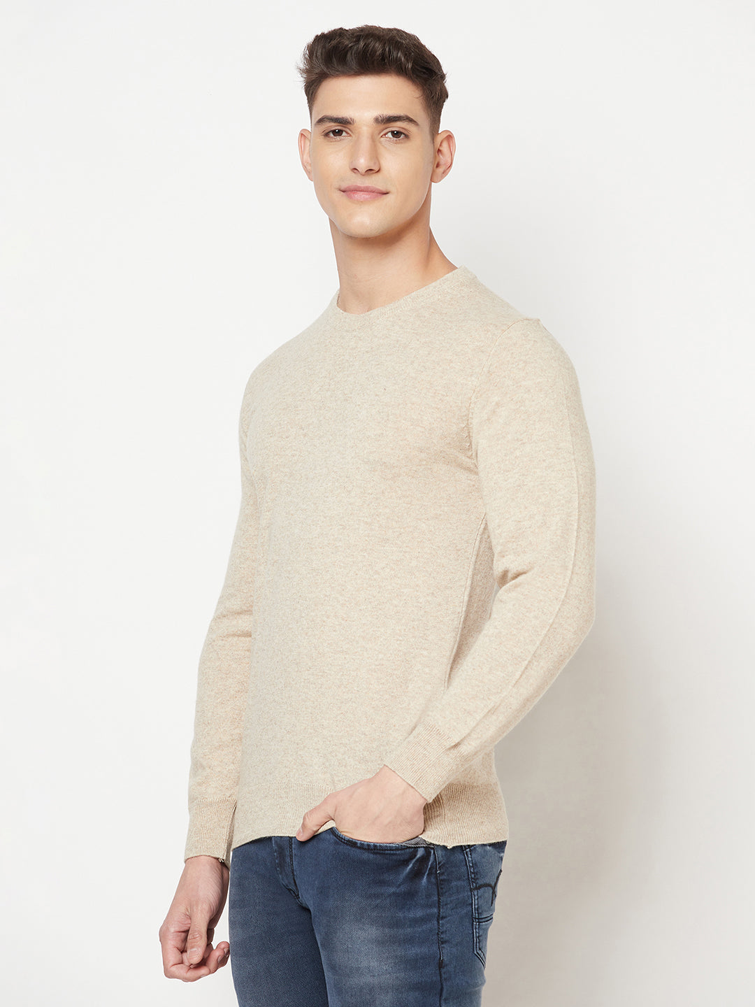 Beige Round Neck Sweater - Men Sweaters