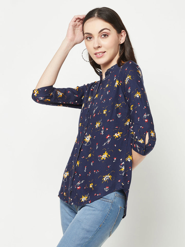  Navy Blue Floral Mandarin Shirt