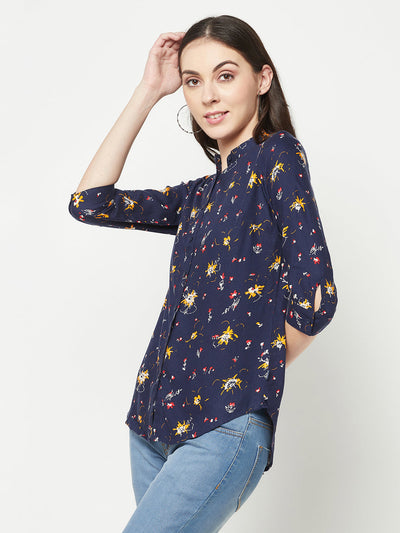  Navy Blue Floral Mandarin Shirt