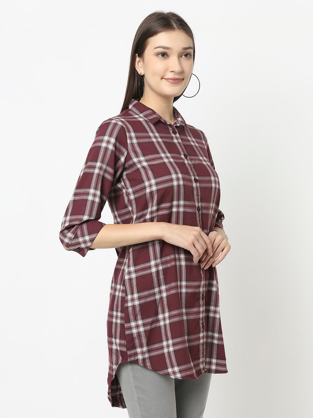 Longline Maroon Checked Shirt in Cotton
