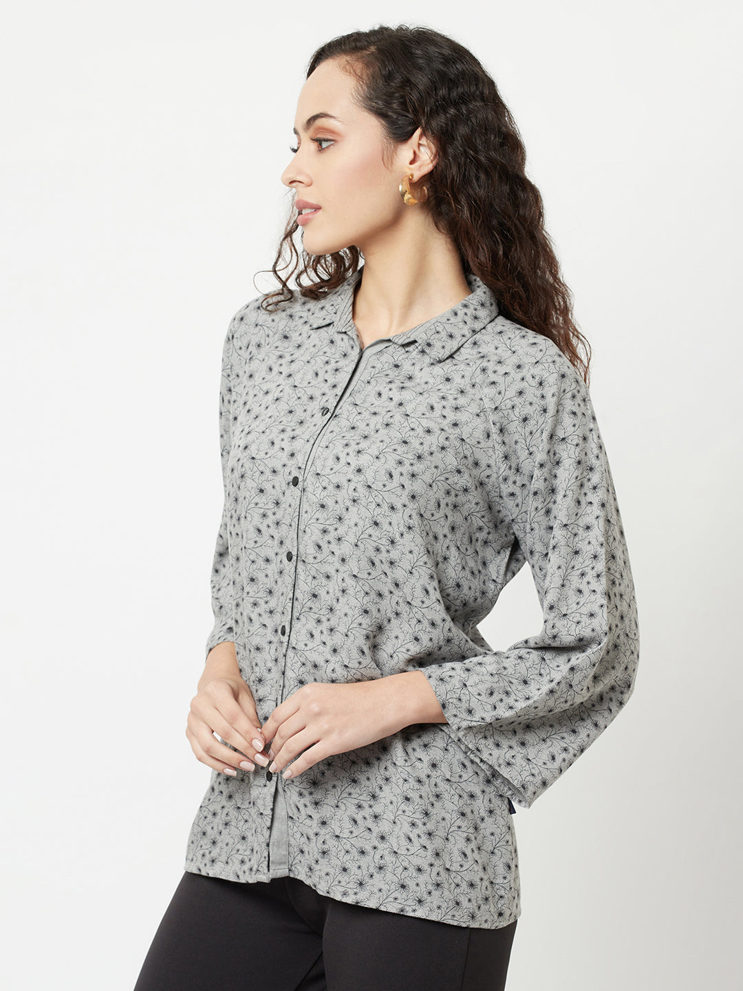 Grey Floral Print Shirt-Women Shirts-Crimsoune Club