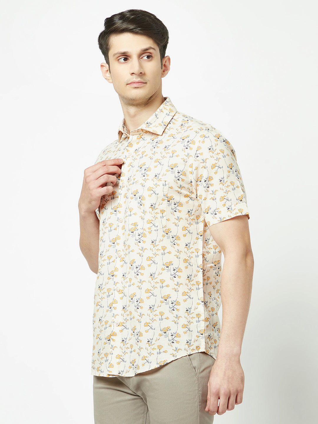 Short Sleeved Beige Floral Shirt