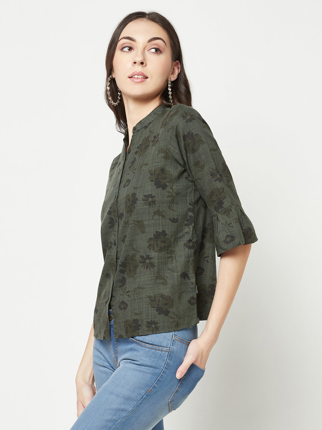  Olive Floral Mandarin Neck Shirt