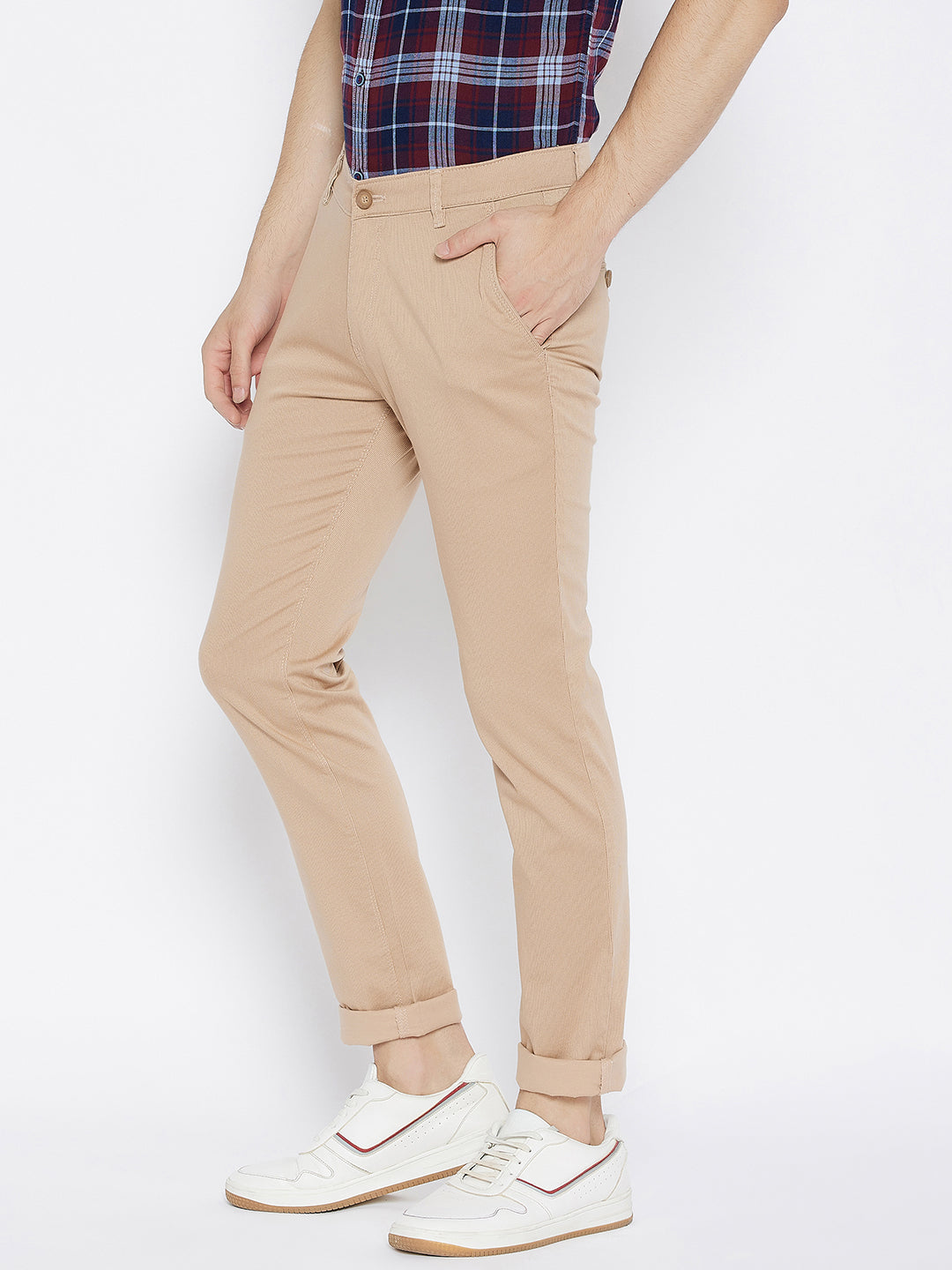 Beige Printed Slim Fit Trousers - Men Trousers