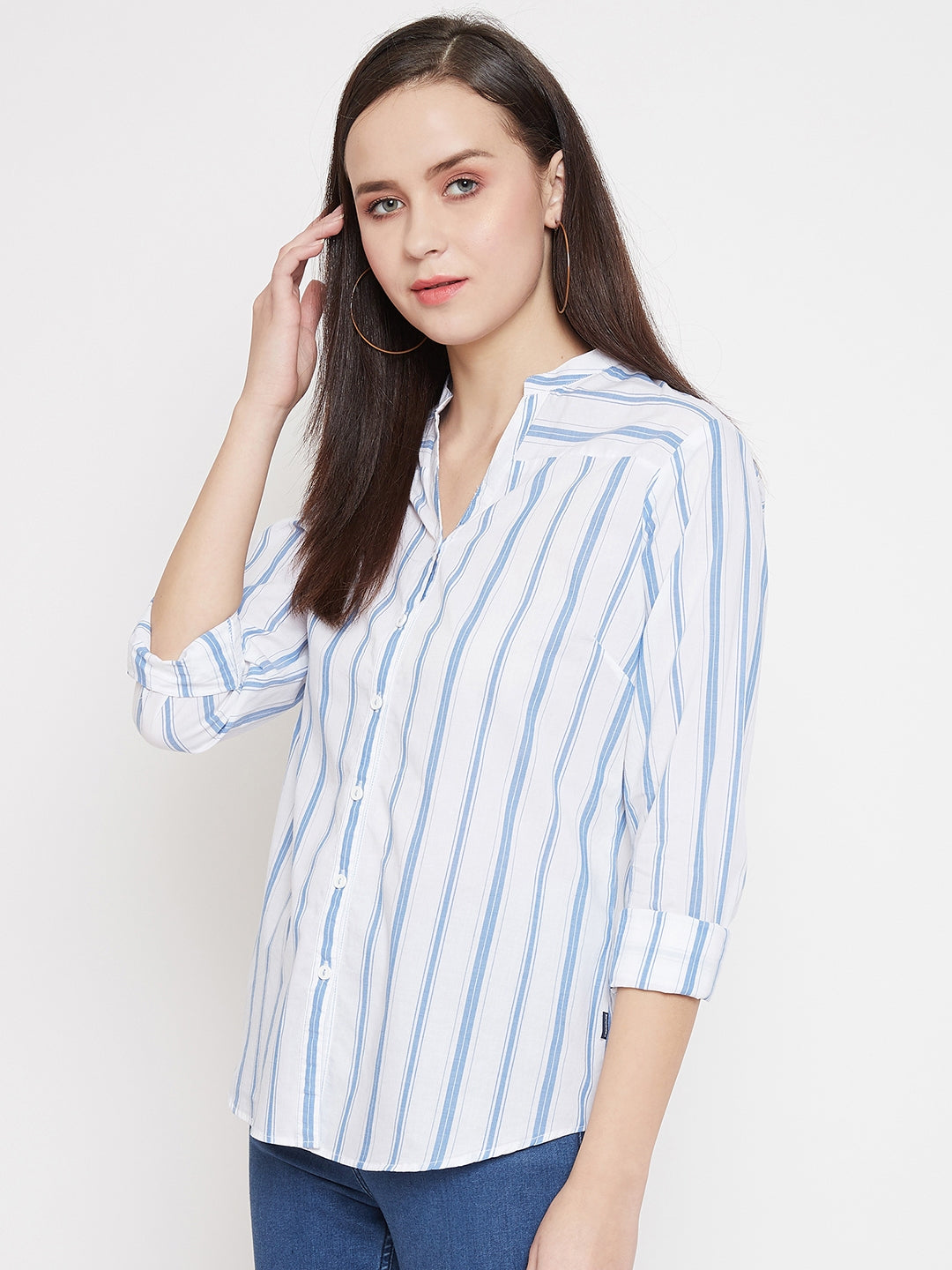 Striped Slim Fit V neck Casual Shirt - Women Shirts