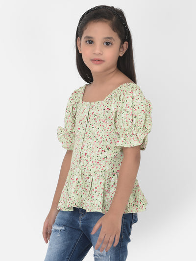 Green Floral Printed Cinched Waist Top - Girls Tops