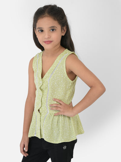 Light Green Printed V-Neck Top Empire Top - Girls Tops