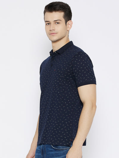 Navy Blue Printed Polo Neck T-shirt - Men T-Shirts