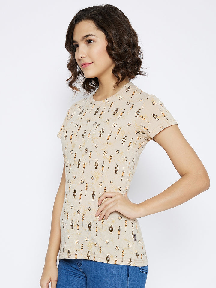 Beige Printed Round Neck T-shirt - Women T-Shirts