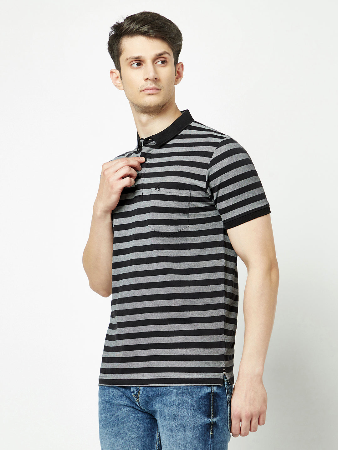 Striped Black-Grey Polo T-Shirt-Men T-Shirts-Crimsoune Club