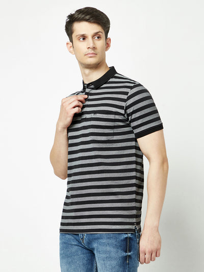 Striped Black-Grey Polo T-Shirt-Men T-Shirts-Crimsoune Club