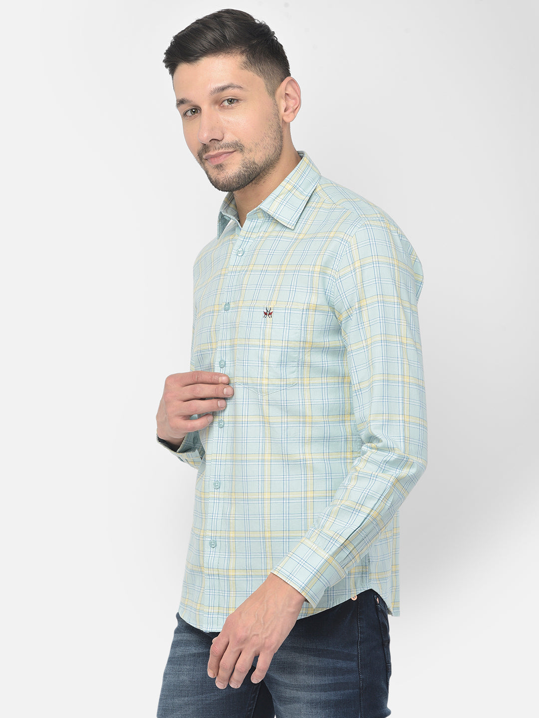 Blue Checked Spread Collar Shirt - Men Shirts