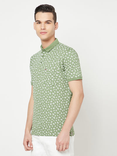 Green Floral Printed Polo T-Shirt - Men T-Shirts