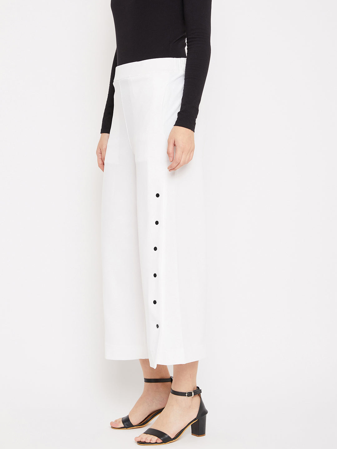 White Cotton Flared Trousers - Women Trousers