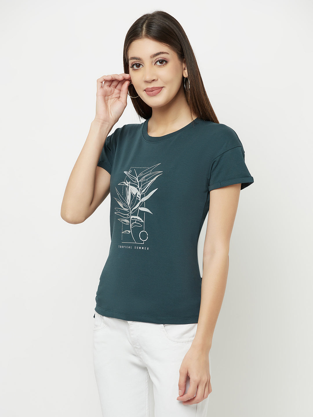 Green Printed Round Neck T-Shirt With Knot - Women T-Shirts