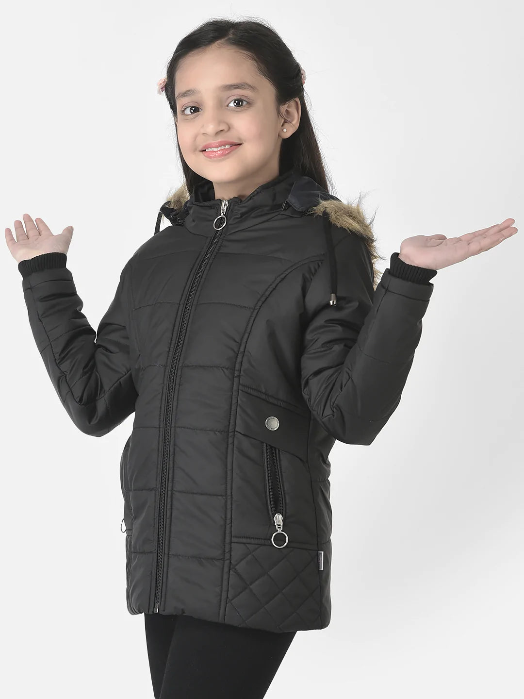  Black Fur Detailed Padded Jacket