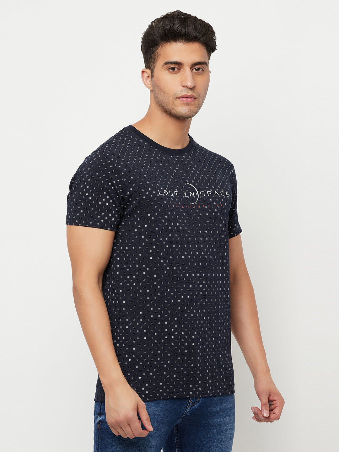 Navy Blue Printed Round Neck T-Shirt - Men T-Shirts