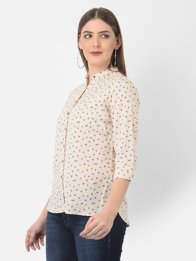 Beige Floral Printed Linen Mandarin Collar Shirt - Women Shirts