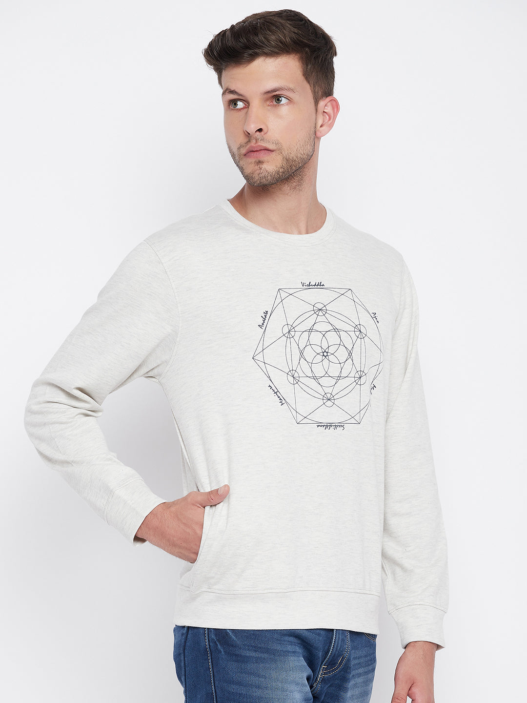 Grey Printed Round Neck Sweatshirt - Men Sweatshirts