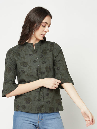  Olive Floral Mandarin Neck Shirt