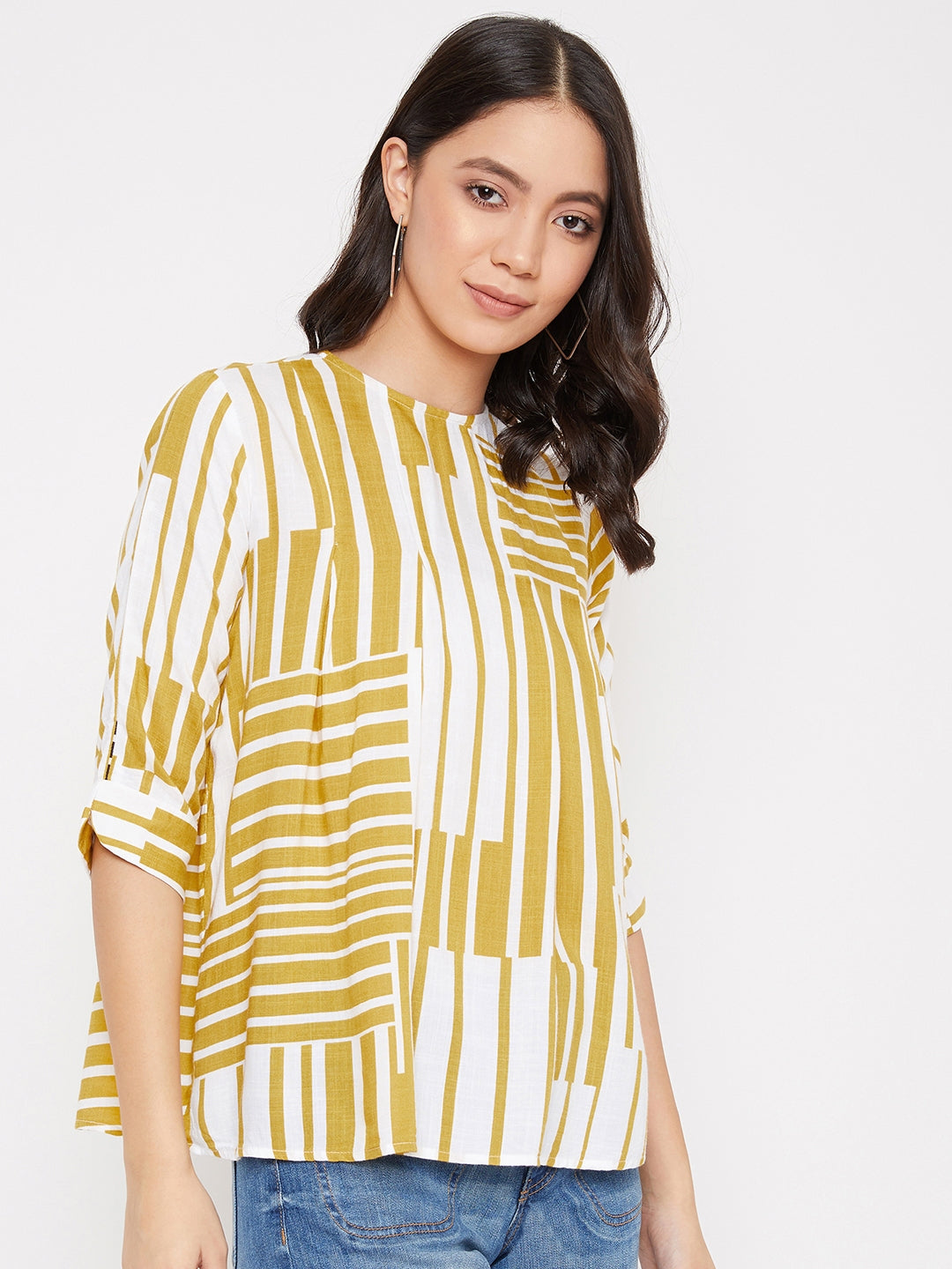 Yellow and White Colour blocked Top - Women Tops